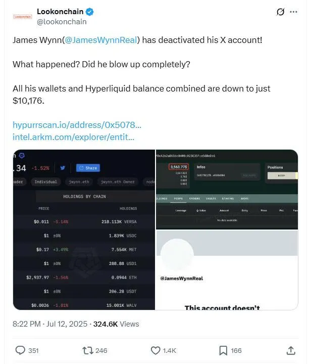 Wynn Deactivates X (Twitter) Account: Lookonchain's X
