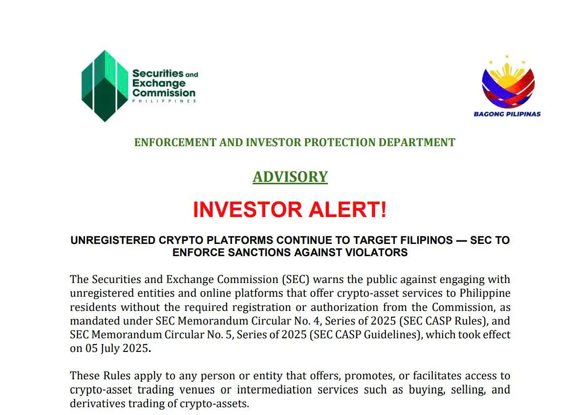 SEC Advisory: Warning on Unregistered Crypto Platforms Targeting Filipinos (August 2025)